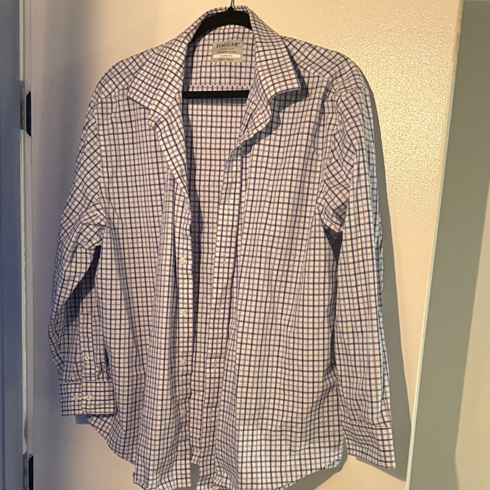 Haggar Blue and White Checkered Dress Shirt